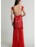 A-line V Neckline Red Lace Prom Dress